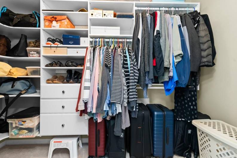 walk in closet with organizational system