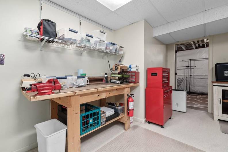 work bench and storage room.