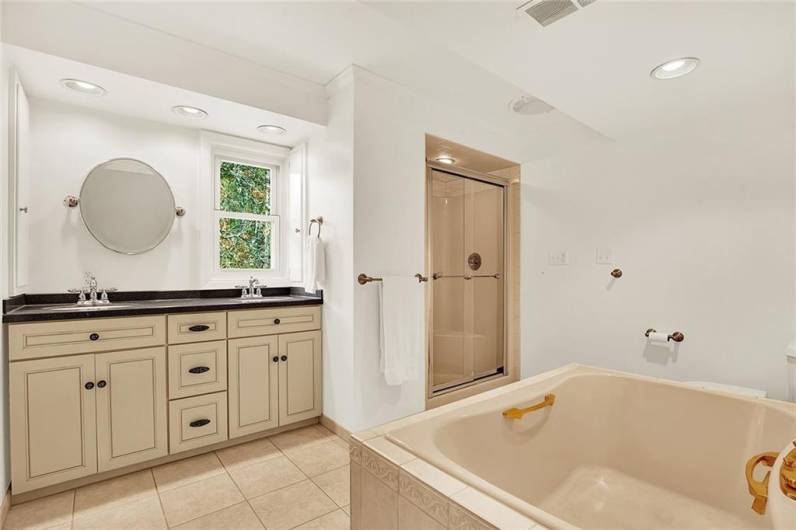 Owner's suite bathroom with double vanities and large soaking tub.