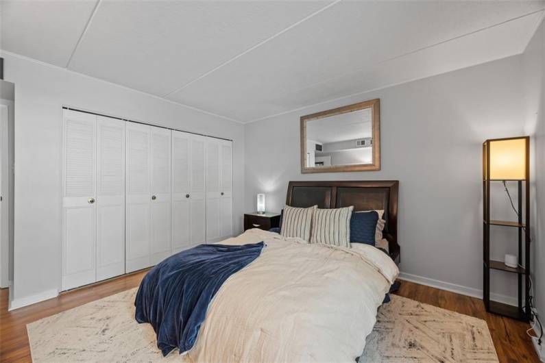 Primary bedroom with wall of closet with built-in closet organizer.  LVP flooring