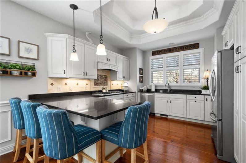 Custom detail includes a double tray ceiling, Quartz counters, plantation shutters and under-cabinet lighting.