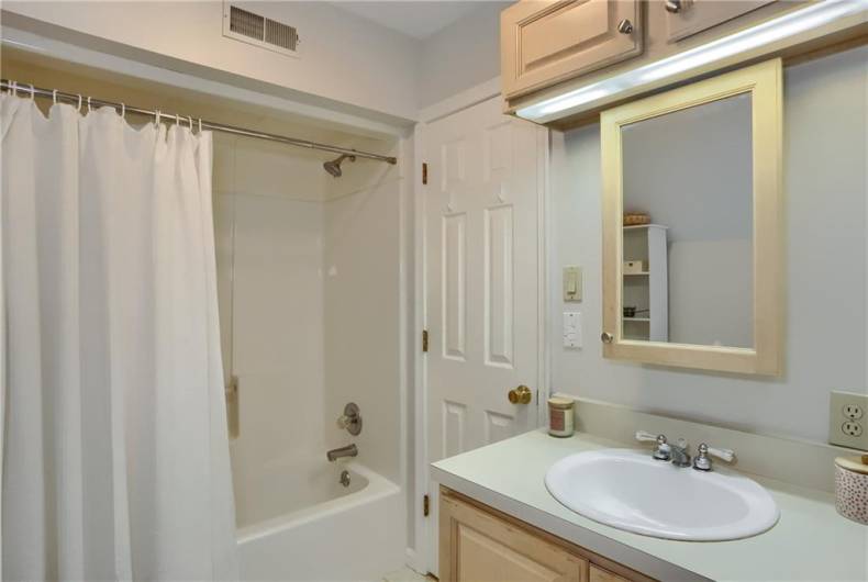 A shared hall bathroom features a tub/shower combo and spacious vanity.