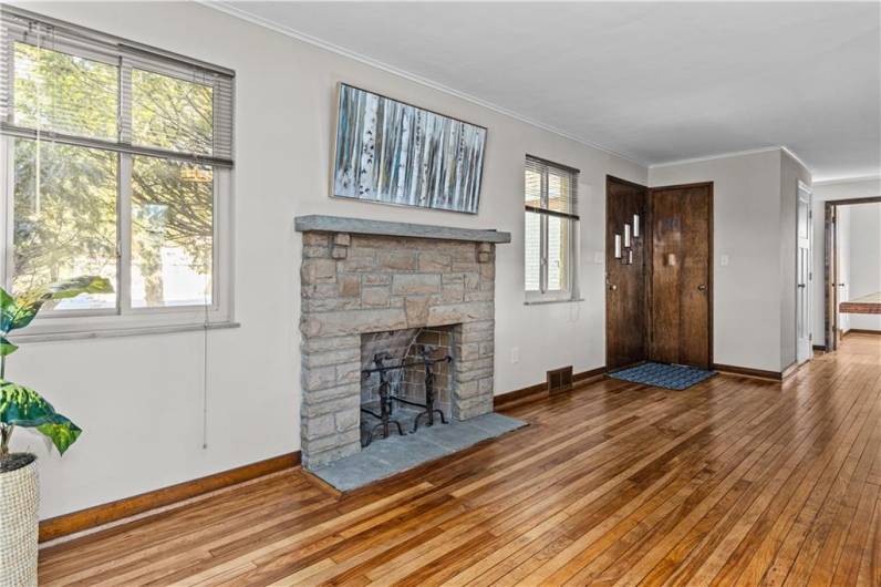 Handsome stone fireplace.