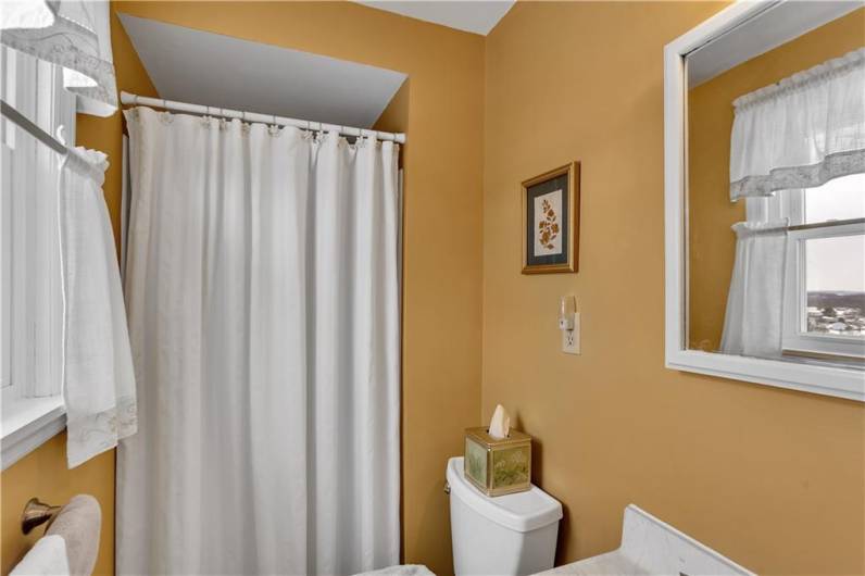 Master bath shows gorgeous new paint,... light & airy window dressings are included!