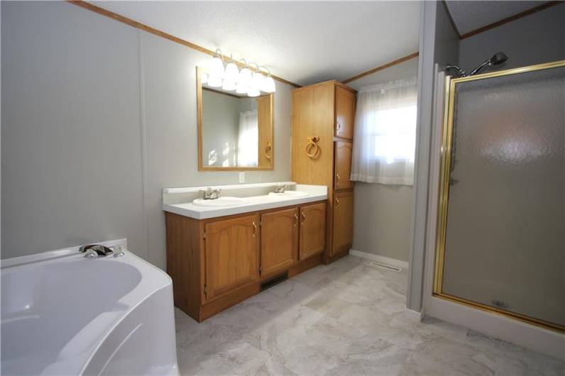 HUGE Master En Suite Bathroom w/ Shower Stall, Double Sink Vanity (newer plumbing & fixtures) & Plenty of Cabinets including Linen Tower PLUS Soaker Tub w/ Seat! Newer Flooring 2/25 & Freshly Painted.