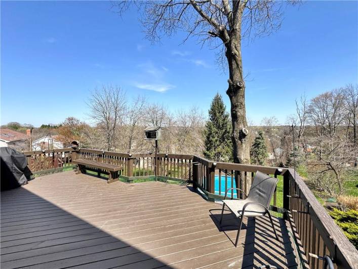 The deck overlooks the nicely landscaped yard with flowering trees.