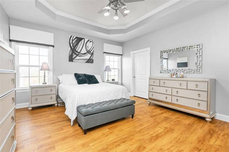 The first floor Primary Suite offers a tray ceiling with lighted ceiling fan, large walk-in closet and luxury bath.