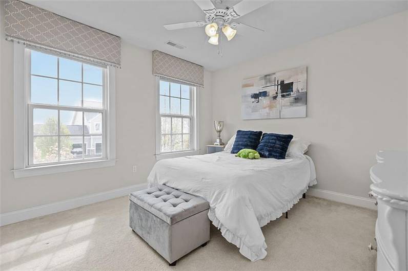 Bedroom 2 with lighted ceiling fan, spacious closet...