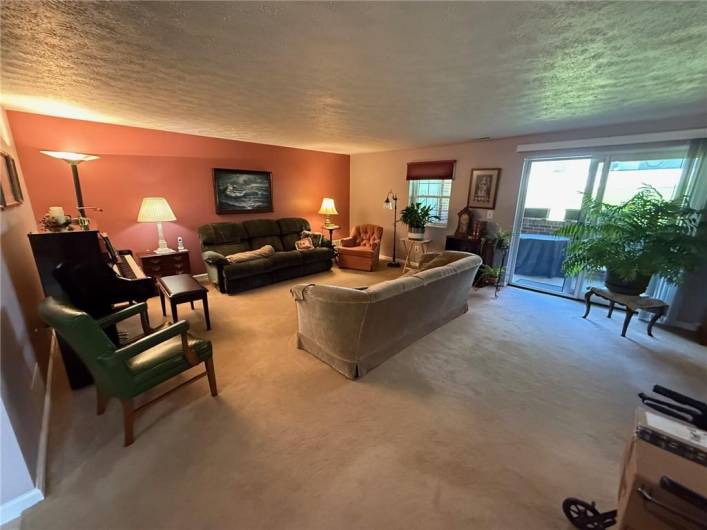 The bright comfortable living room opens to the covered patio.