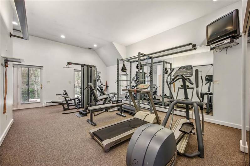 Elevate your wellness routine with this exceptional home gym, featuring dedicated spaces for exercise, showering, and the ultimate relaxation of a private sauna.
