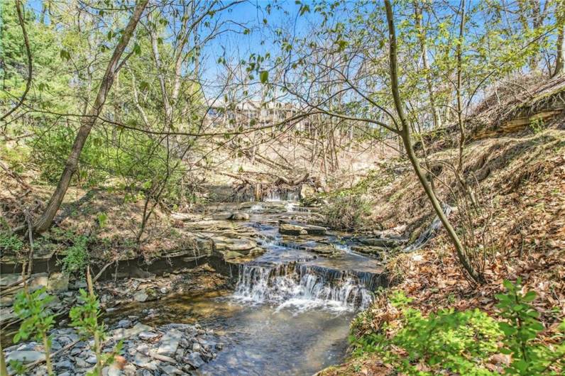 One of many cascading waterfalls on a sprawling, luxurious estate host to private lakes, streams, bridges, & balconies overlooking the scenic views of nature including deer and water fowl.