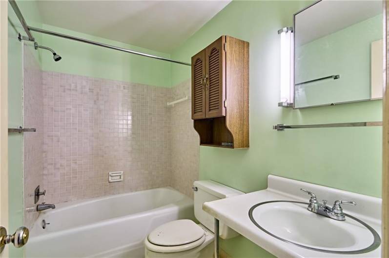 Hallway bath has tiled shower/tub combo.