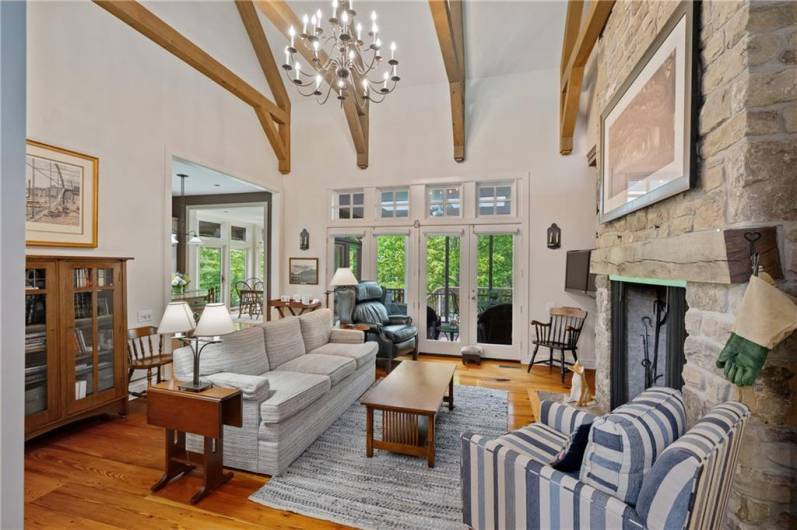 2-story ceiling with large stone fireplace.
