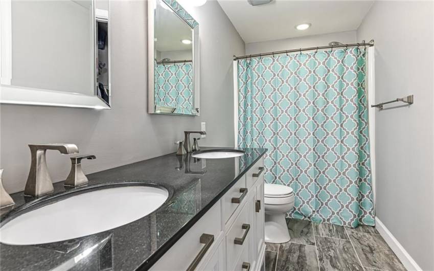 Updated owner's bathroom with double bowl sink vanity and mini walk in closet.