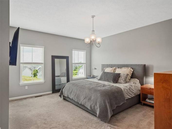 This spacious primary bedroom offers a serene retreat with soft, neutral carpeting and stylish gray walls that create a calming ambiance.
