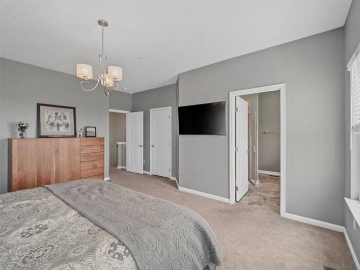 Natural light fills the room through two large windows, while a modern light fixture adds a touch of elegance.