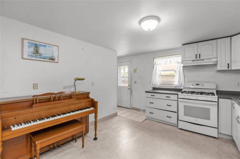 A side door provides yard access...