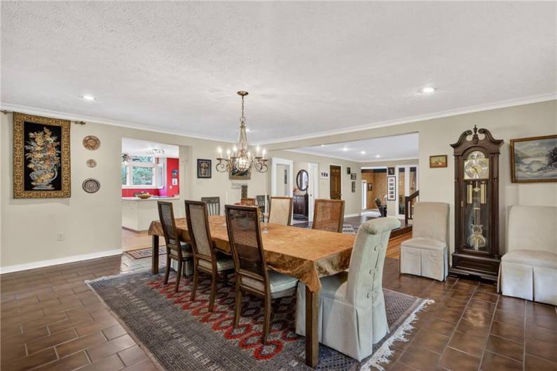 Dining room showing kitchen and entry way