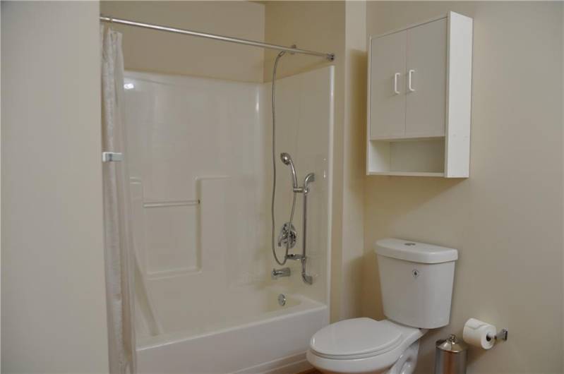 Guest bathroom with tub and shower.