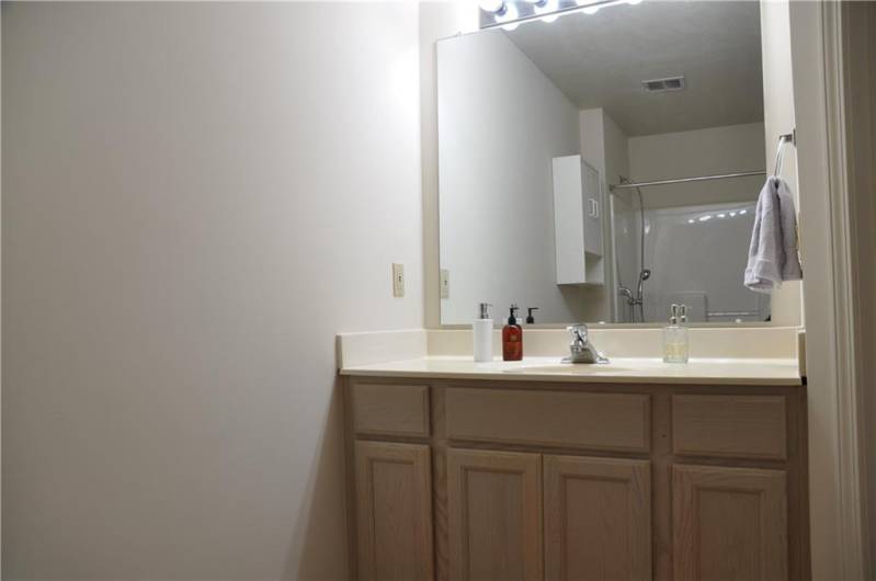 Guests enter through the hallway to use this bathroon.