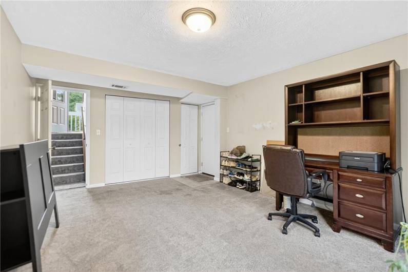 Here's a view of the spacious lower level family room which measures 16 x 12!   The mechanicals are located in the double closet as well as ample storage!  The garage is the door to the right.
