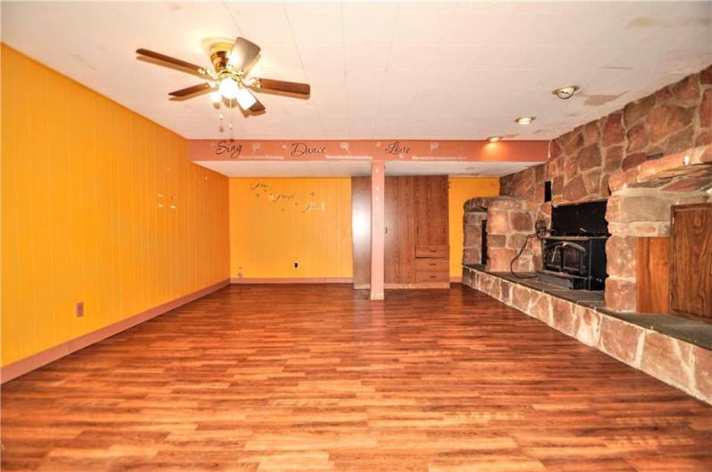 Awesome Lower-Level Game Room w/ Eyeball Lighting on Stone Wood Burning Fireplace