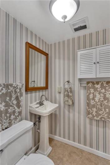 Updated powder room on lower level.  If you didn't know wallpaper is back