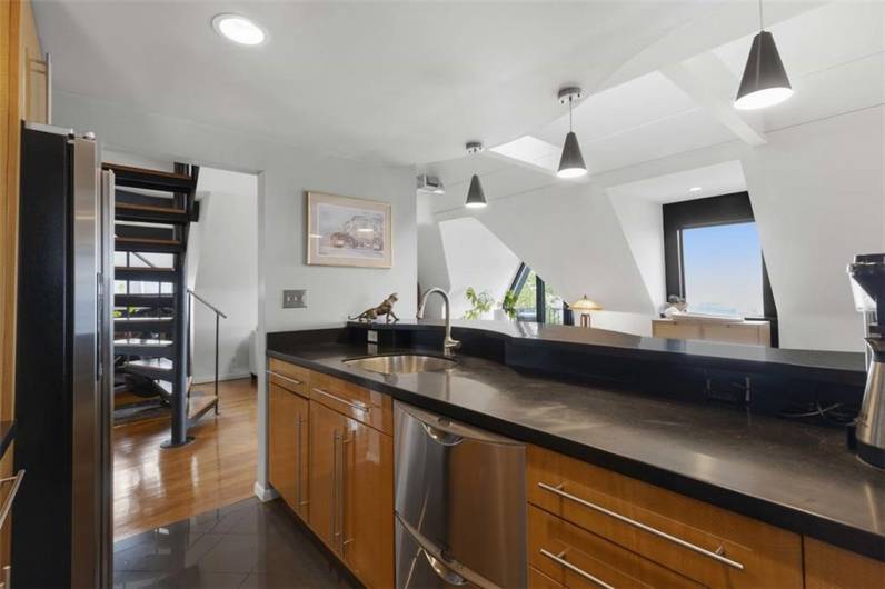 Bar seating just beyond the countertop
