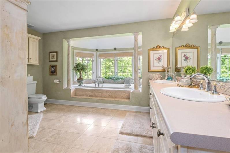 Double vanity, convenient shower, step up tub for a relaxing soak and a view that can't be beat, whether you're looking out the windows over the beautiful backyard or up at the beautiful artwork.