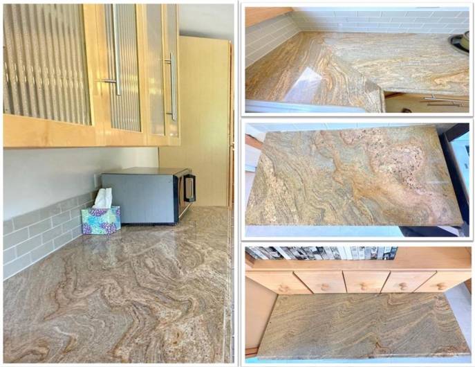 HAND PICKED GRANITE: George and Martie went to Ohio to select this beautiful granite. The movement in the stone is exciting and the soft hues are perfect with the  natural maple cabinets.