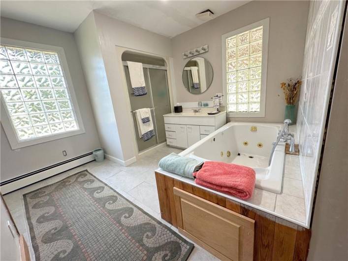 MAIN FLOOR FULL BATH:The Full bath on the 1st floor is spacious at 13'X12' with a jet tub with ceramic wall tile to the ceiling, lots of daylight from two large glass block windows, and a walk-in shower.