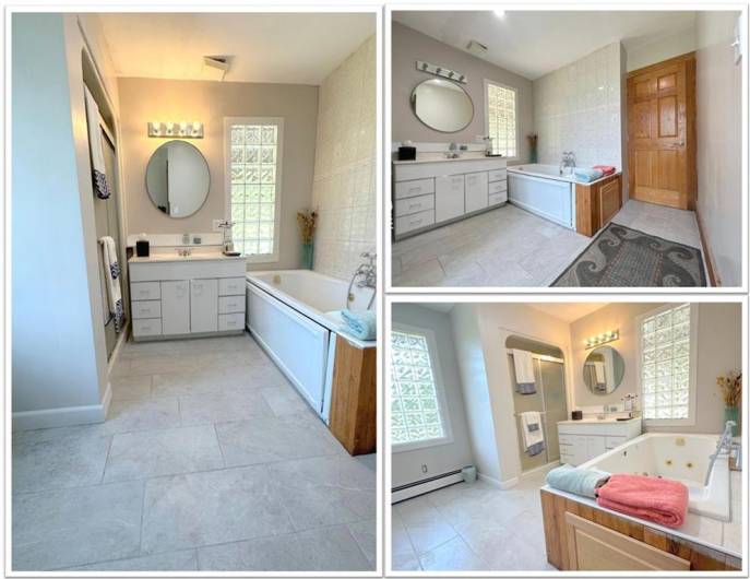 MAIN FLOOR FULL BATH: Here are more views of the 1st floor full Bath, it has new ceramic tile flooring and a solid oak 6-panel door. The glass block windows give privacy while providing lots of light.