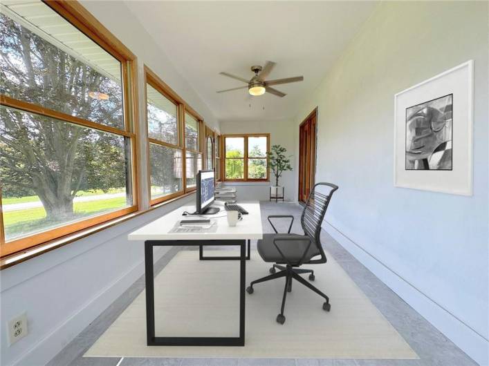 VIRTUALLY STAGED HOME OFFICE: As a large home Office for one or two people. With 100%  new upgraded windows, flooring and wall HVAC, this is a wonderfully serene spot to work from your home with enough separation from the rest of the house to have a quiet workspace.