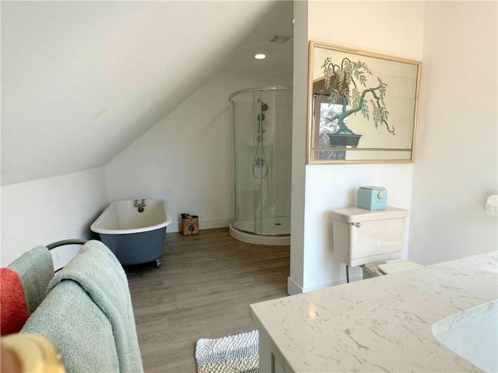 MASTER BATH UPPER LEVEL: The 13'x9' brand new Master bath is adorable with a original claw foot tub, a walk in shower, and new tile flooring, it looks out to the the upper deck and the West view.