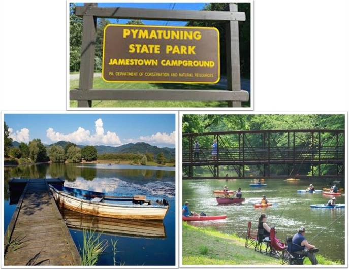 PYMATUNING STATE PARK: Within 5 miles, this 17,088-acre Reservoir is the largest lake in Pa, and one of the most visited.The park is open every day of the year, sunrise to sunset and the south shore of the park, including the Jamestown Campground, boat launch, beach, cabins, picnic areas, group tenting, and the park office, can be reached from US 322.